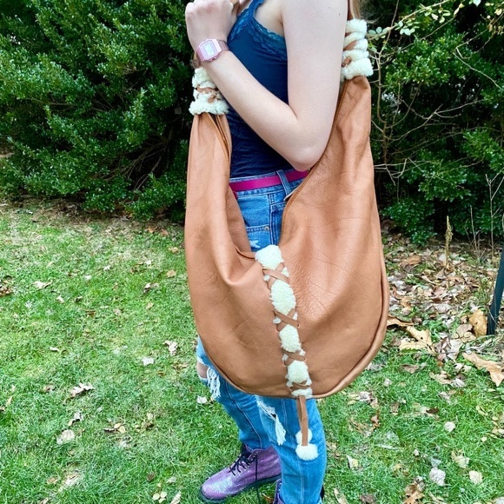 Italian Leather and Sherpa Large Hobo Crossbody Bag Made in Italy